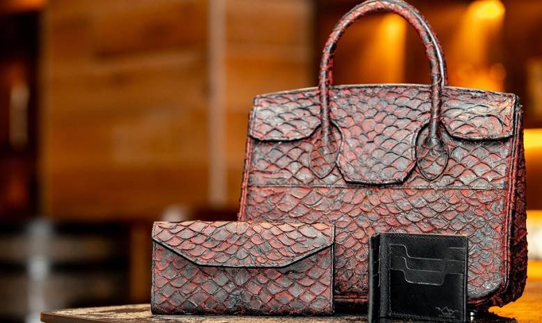 Dragonfin leathergoods collection on display in London